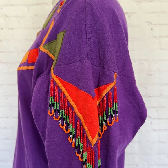 VTG - Tribal Print Long Sleeve T-shirt - Beaded Sleeves - Size Medium - Picture 6 of 11